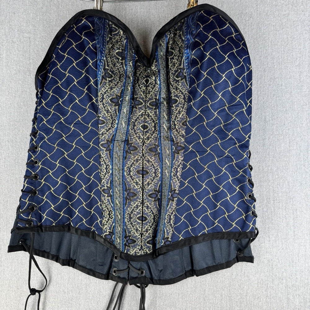 Steel Boned Corset Bustier Lace Up Blue Gold Brocade Gothic Steampunk Top